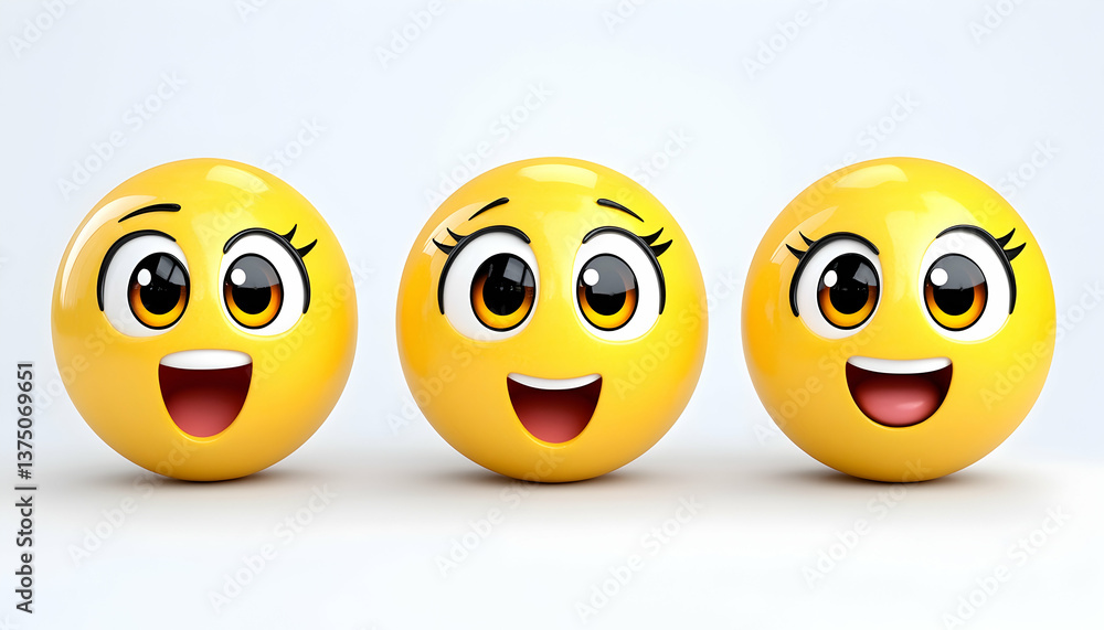 Three cute, round emoticons with varying expressions of joy and surprise . AI generative Three cute, round emoticons with varying expressions of joy and surprise . AI generative