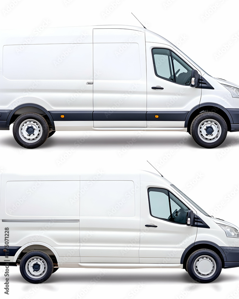 Two white cargo vans, side view, isolated on white background . AI generative Two white cargo vans, side view, isolated on white background . AI generative