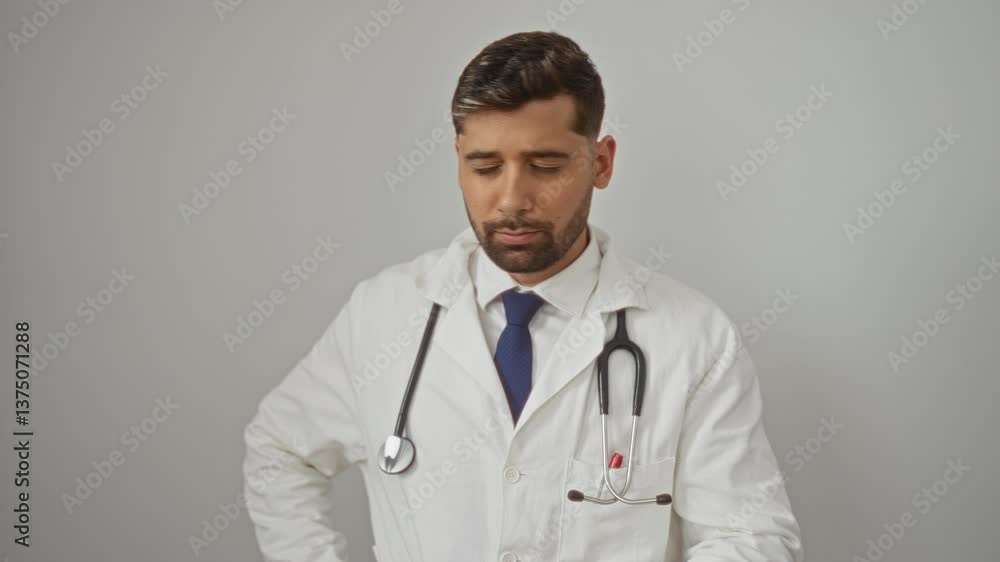 Hispanic male doctor in white coat, stethoscope around neck, pointing finger at camera against a plain white background. Hispanic male doctor in white coat, stethoscope around neck, pointing finger at camera against a plain white background.
