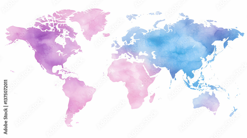 Obraz premium Watercolor world map in pastel purple and blue hues . AI generative