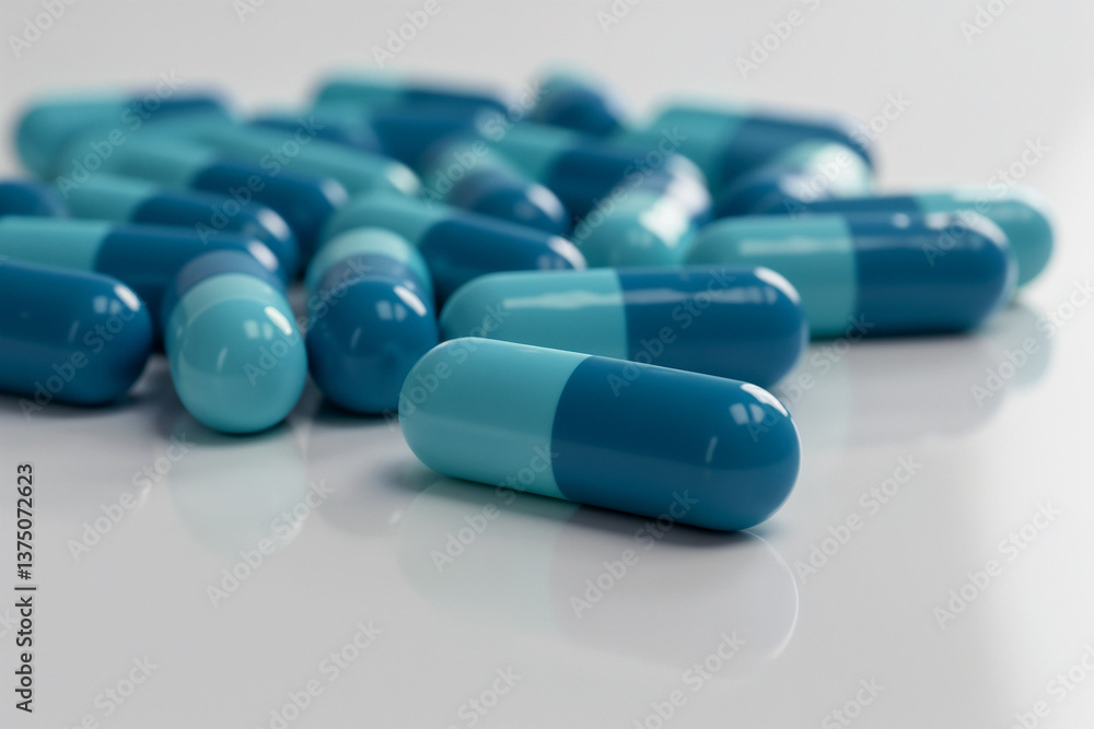 Blue and White Capsules Piled High - Sharp Focus Detail Blue and White Capsules Piled High - Sharp Focus Detail