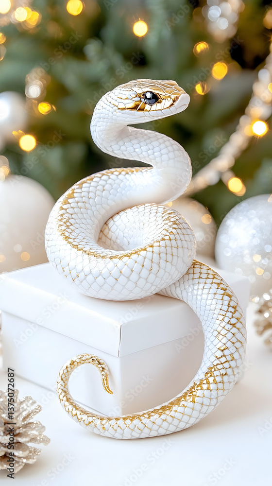 Fototapeta premium White snake with gold accents coiled on a white gift box amidst Christmas decorations . AI generative