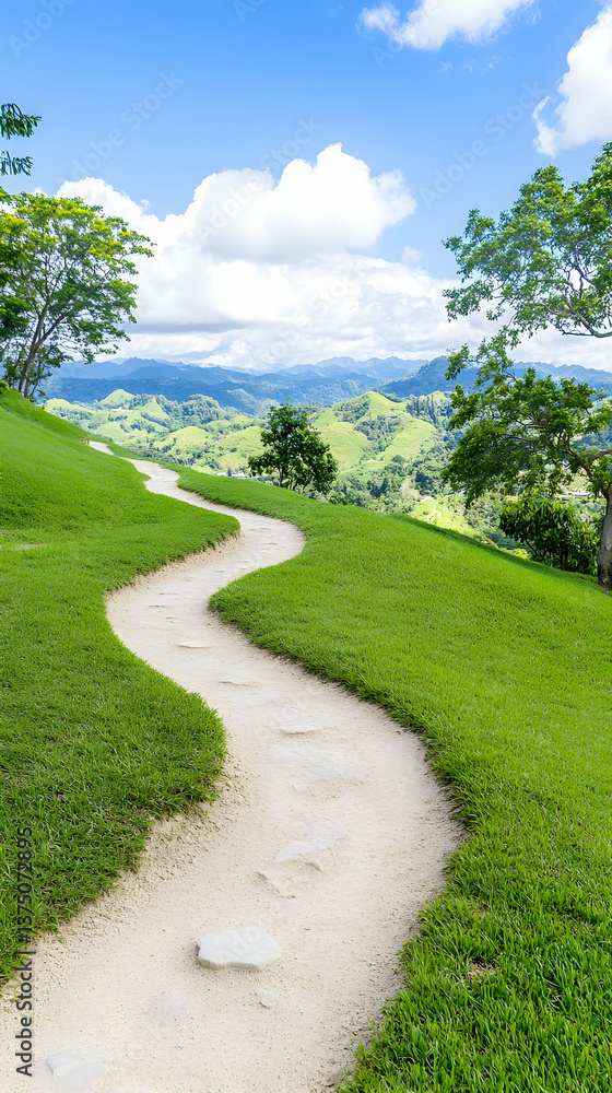 Obraz premium Winding path through lush green hills under a vibrant blue sky . AI generative