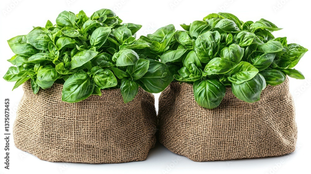 Naklejka premium Two Burlap Bags Filled with Fresh Green Basil