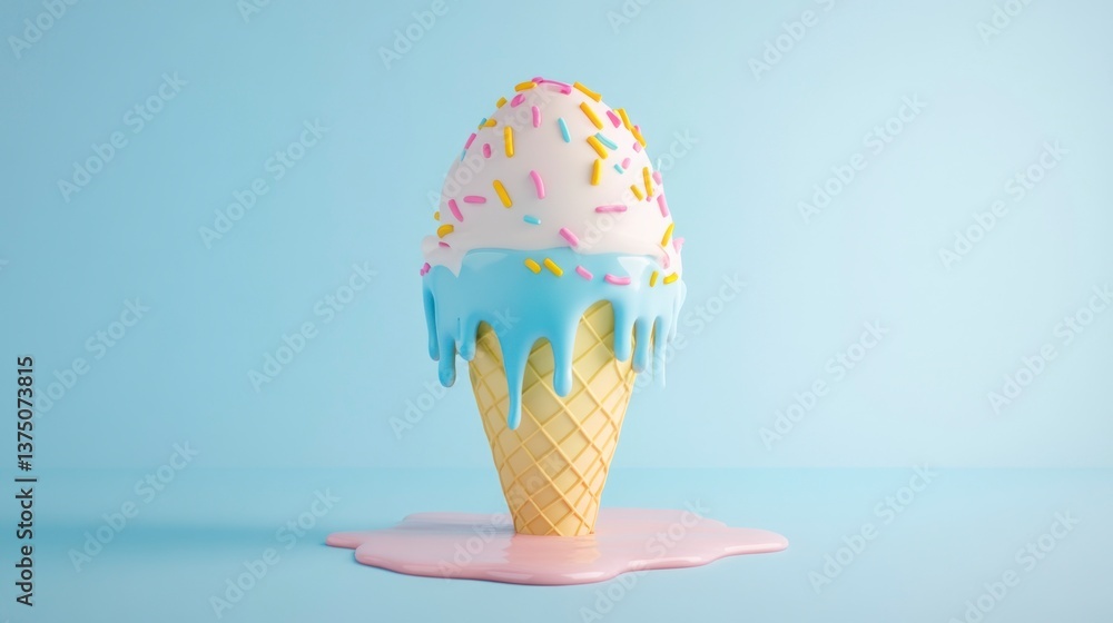 Melting Ice Cream Cone on Pastel Background Melting Ice Cream Cone on Pastel Background