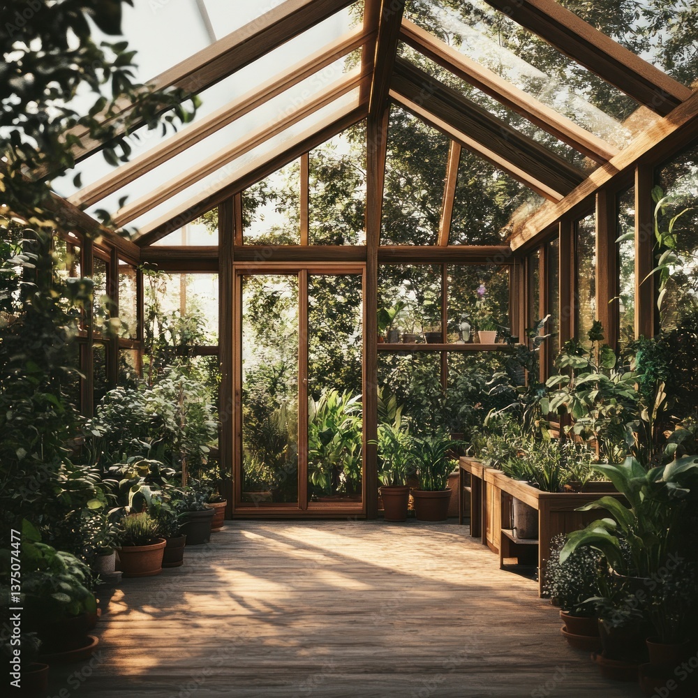 Sun-drenched Greenhouse Garden Interior Sun-drenched Greenhouse Garden Interior