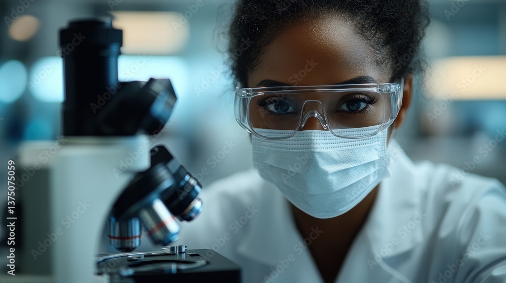 Focused female scientist in lab coat, mask, and safety glasses works with a microscope for research. Focused female scientist in lab coat, mask, and safety glasses works with a microscope for research.