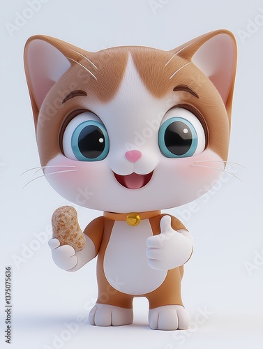 animal cat 3d character rende, Adorable Cartoon Cat Holding Nut, Giving Thumbs Up