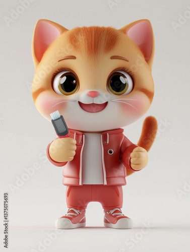 animal cat 3d character rende, Adorable Cartoon Cat In Coral Outfit Holding Device Against White