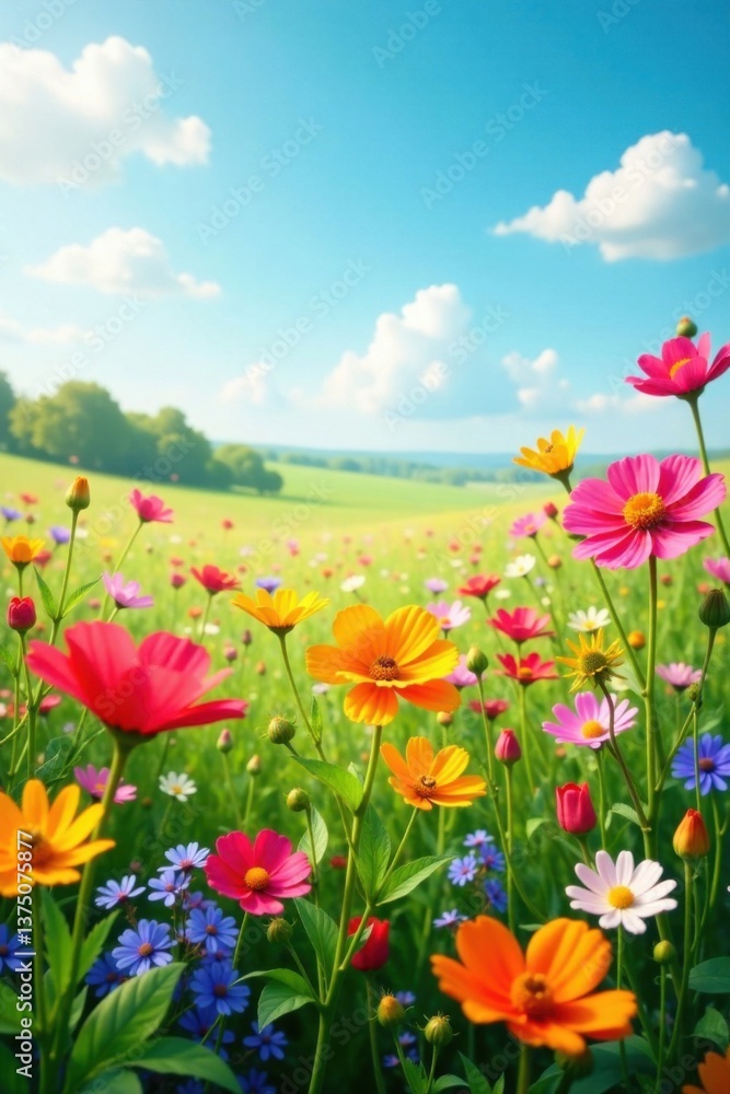 A field of colorful wildflowers swaying in the breeze, meadow, flora