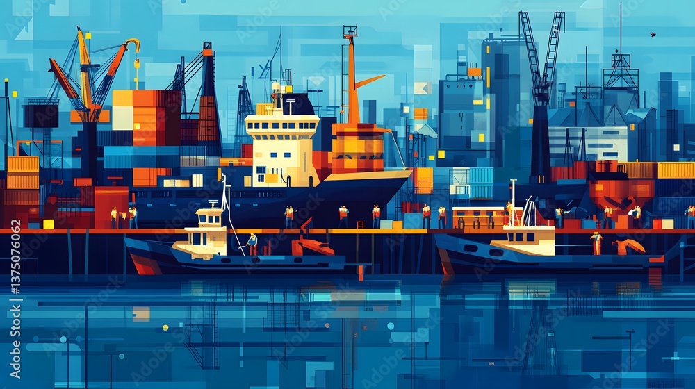 Obraz premium Busy harbor scene with cargo ships and dockworkers
