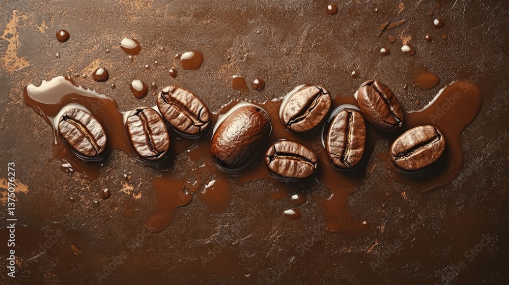 Aromatic Coffee Beans in Rich Dark Brown Liquid Spilled on Rustic Surface Aromatic Coffee Beans in Rich Dark Brown Liquid Spilled on Rustic Surface