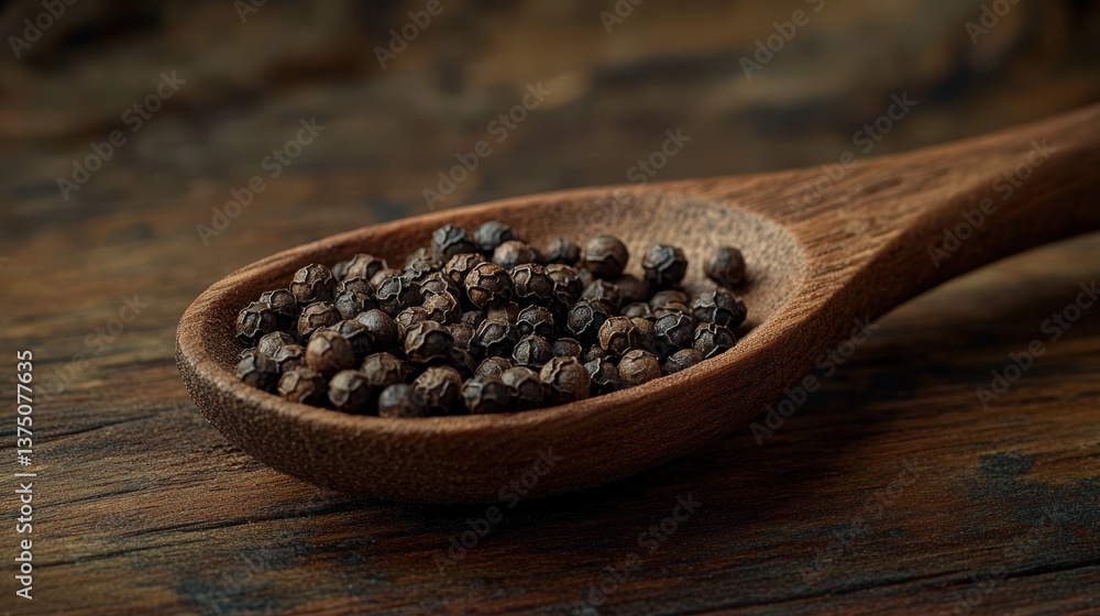 Aromatic Black Peppercorns in Wooden Spoon on Rustic Tabletop Close up view of spice Aromatic Black Peppercorns in Wooden Spoon on Rustic Tabletop Close up view of spice