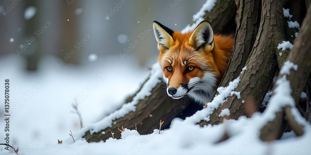 Fox partially hidden behind the exposed roots of a tree in the middle of a snowy forest Fox partially hidden behind the exposed roots of a tree in the middle of a snowy forest