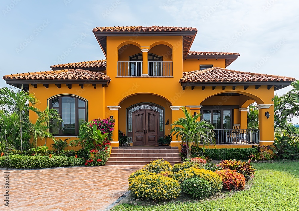 Obraz premium Luxury Orange Villa with Tropical Garden.