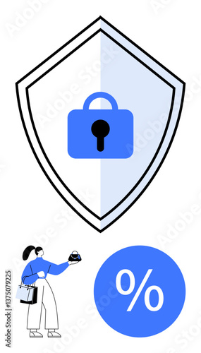 Locked shield symbolizing security and protection. Woman holding device, promoting tech awareness and cybersecurity. Ideal for online safety, data protection, tech security, cyber risk management
