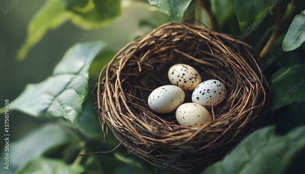 A close-up view of a bird's nest containing speckled eggs surrounded by lush green leaves in a natural setting. A close-up view of a bird's nest containing speckled eggs surrounded by lush green leaves in a natural setting.