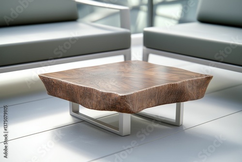 Highlight a tranquil outdoor space with gray seating, natural wood tables, and open areas for relaxation and enjoyment.