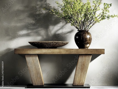 Present a calming entryway with a minimalist console table, soft gray walls, and decorative wooden accents for warmth.
