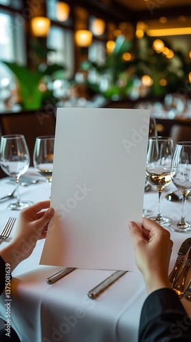 Elegant dining scene with a person in a formal suit holding a blank menu at a luxurious restaurant, featuring refined table settings, wine glasses, and an ambient fine dining atmosphere

