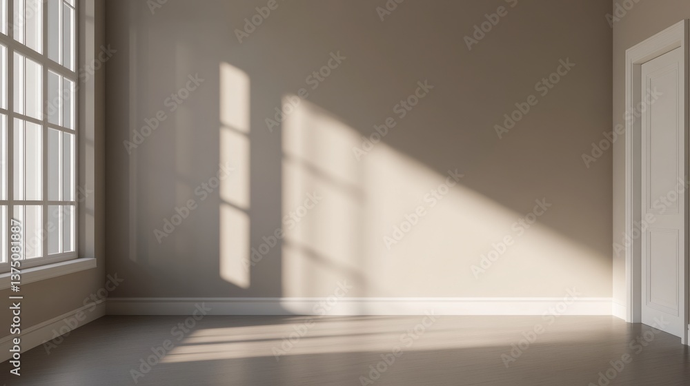 Obraz premium Minimalist interior design open space mindfulness. Empty room with natural light casting shadows on a neutral wall.
