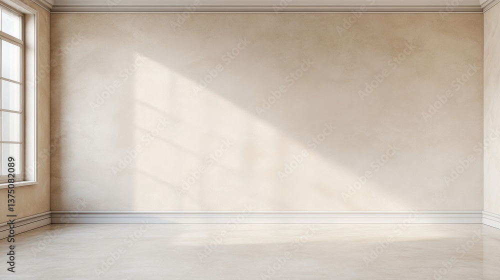 Minimalist interior design open space mindfulness. Empty room with natural light streaming through a window, featuring beige walls and a polished floor. Minimalist interior design open space mindfulness. Empty room with natural light streaming through a window, featuring beige walls and a polished floor.