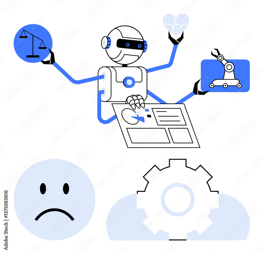Robot with multiple arms performing tasks in healthcare, robotics, law, and data analysis. Sad face and a gear symbol below. Ideal for technology, automation, AI ethics, innovation decision-making Robot with multiple arms performing tasks in healthcare, robotics, law, and data analysis. Sad face and a gear symbol below. Ideal for technology, automation, AI ethics, innovation decision-making