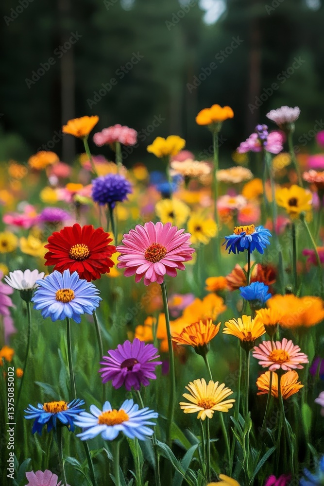 Obraz premium Vibrant Wildflower Field with Red Gerbera Daisies in a Lush Green Meadow with Colorful Blossoms and Trees in the Background