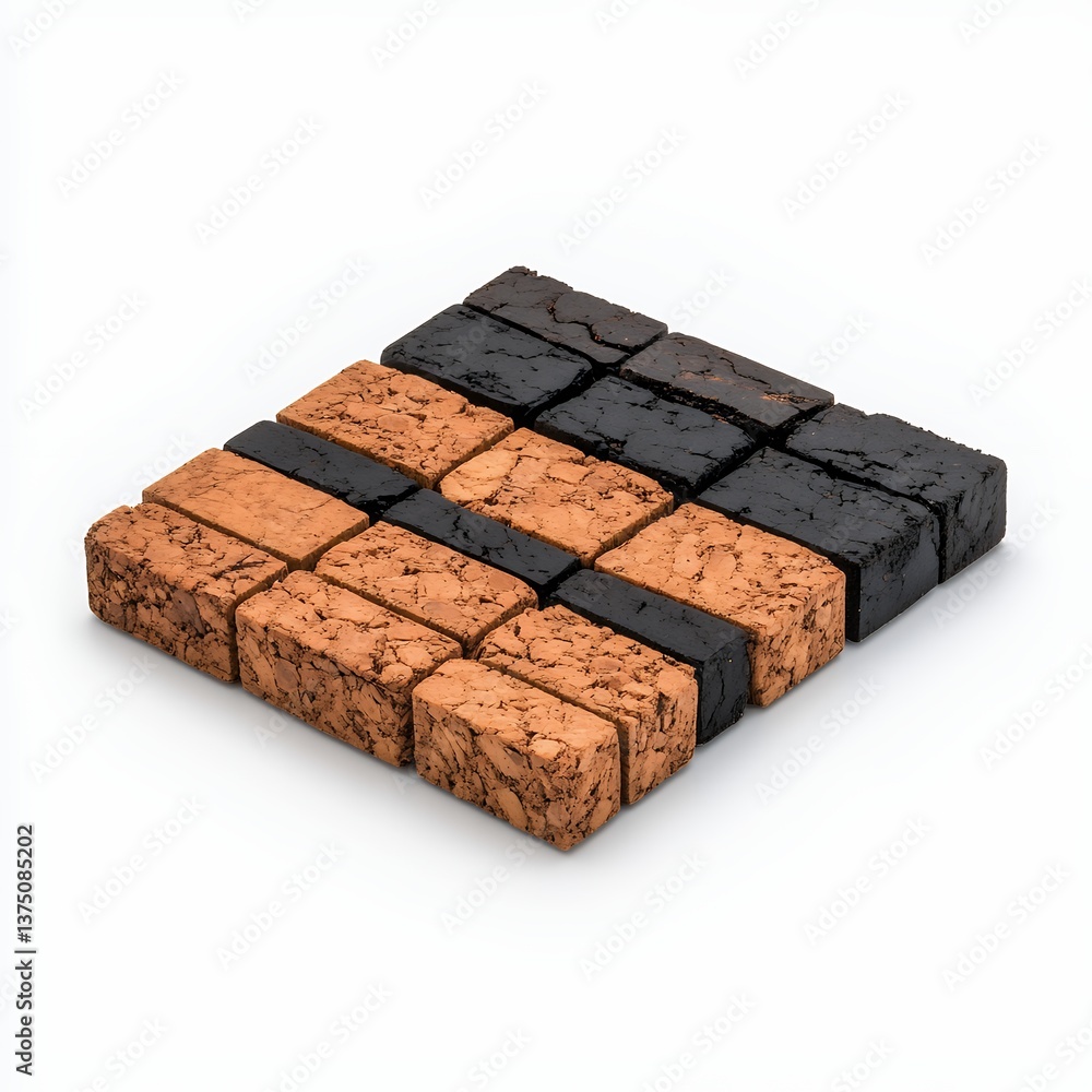 Textured Bricks in Terracotta and Black A Geometric Arrangement, Generative AI. Textured Bricks in Terracotta and Black A Geometric Arrangement, Generative AI.