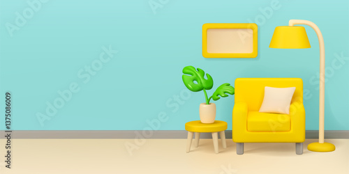 Room interior vector 3d banner template. House furniture illustration template. Armchair, floor lamp, plant in pot on coffee table. Painting hanging on wall