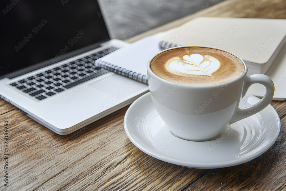 Cappuccino with Latte Art on Wooden Desk Near Laptop and Notebook Cappuccino with Latte Art on Wooden Desk Near Laptop and Notebook
