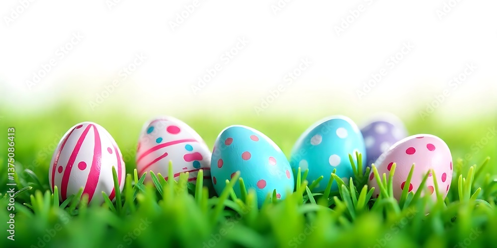 A collection of painted easter eggs celebrating Happy Easter lying in green meadow grass against an white solid background A collection of painted easter eggs celebrating Happy Easter lying in green meadow grass against an white solid background