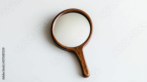 Wooden-framed hand mirror on white background.