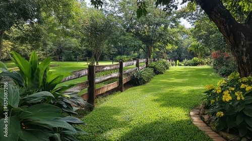 Weathered Wooden Fence Through Lush Green Garden Trees and Grass in Rural Landscape Under Bright Sunlight