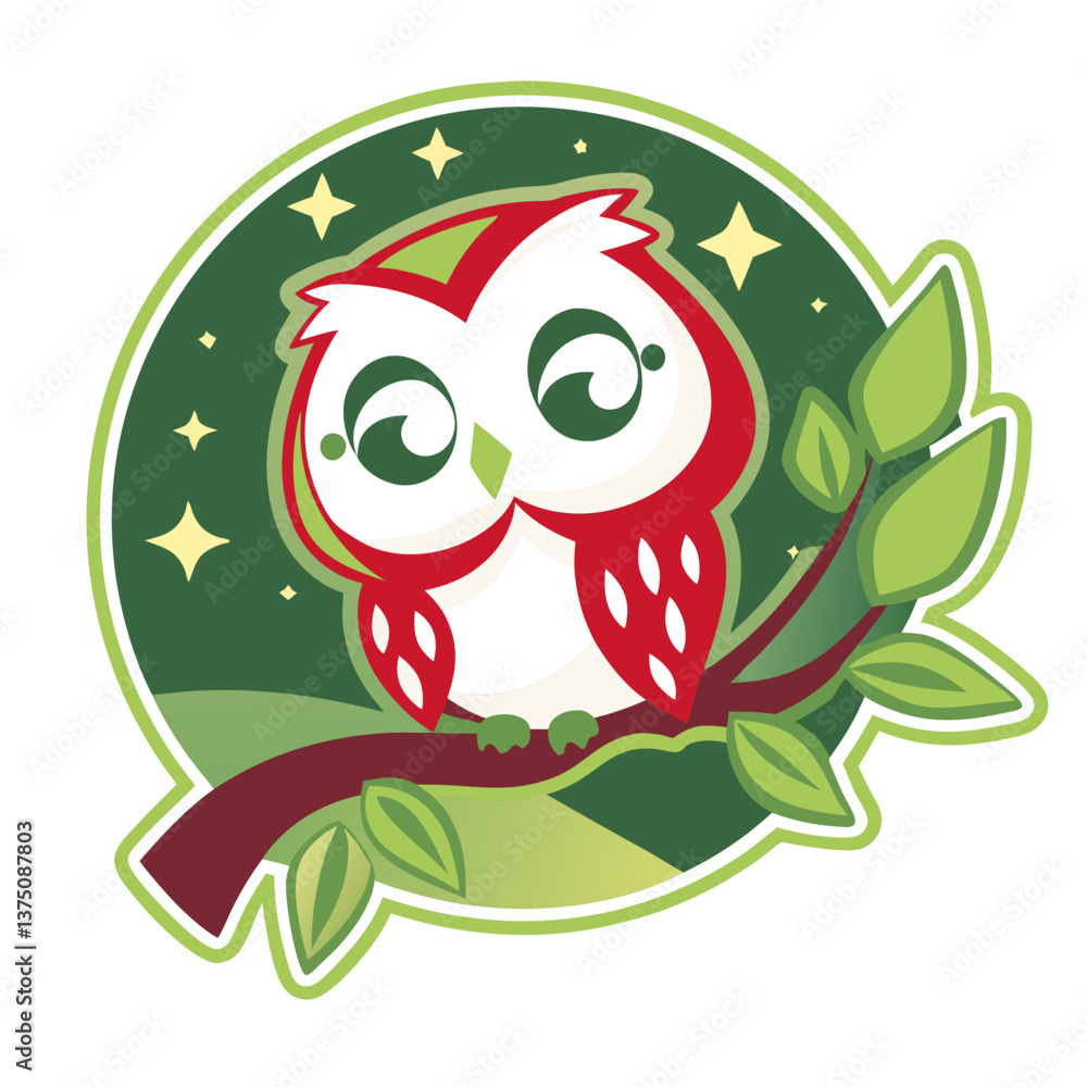 Fototapeta premium Red owl on branch sticker for wildlife and nature lovers