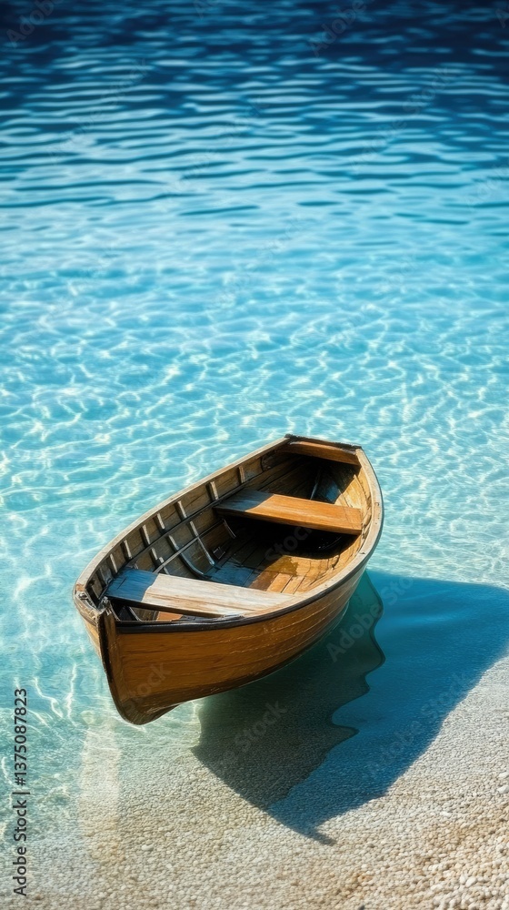 Wooden rowboat floats tranquil shallow water. Wooden rowboat floats tranquil shallow water.
