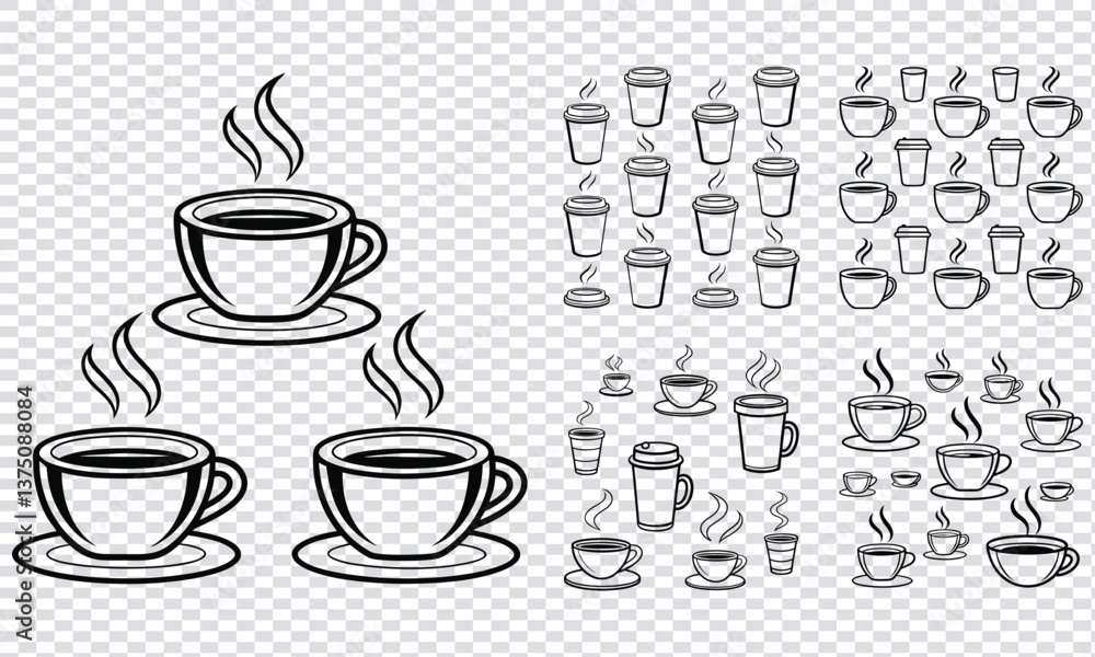 Seamless Pattern of Coffee Cups and Takeaway Coffee Cups in Black Outline Seamless Pattern of Coffee Cups and Takeaway Coffee Cups in Black Outline