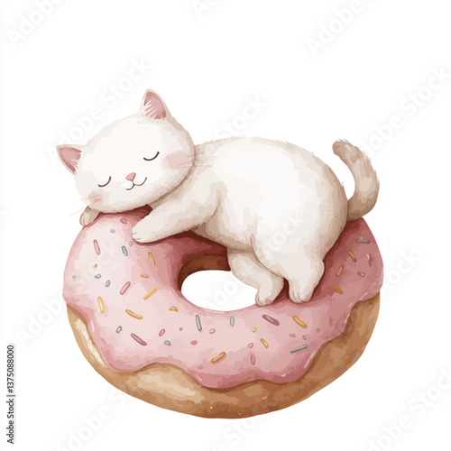 Sweet Dreams: A fluffy, white cat cozily rests atop a delectable, pink-frosted donut, conjuring a sense of comfort and whimsy.