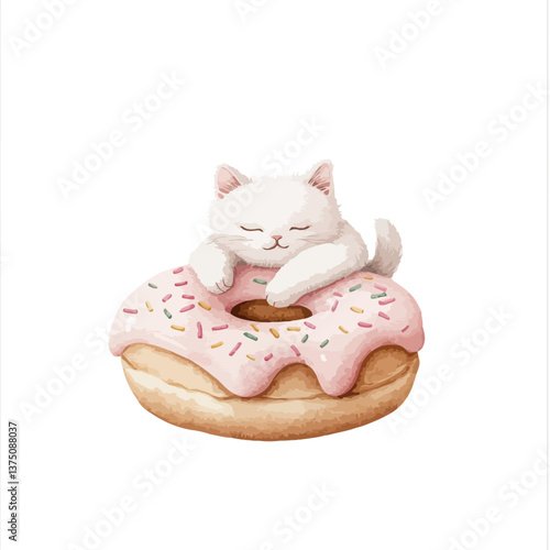 Sweet Dreams: A whimsical illustration showcasing a white cat asleep atop a colorful doughnut, creating a dreamy and delightful scene. 