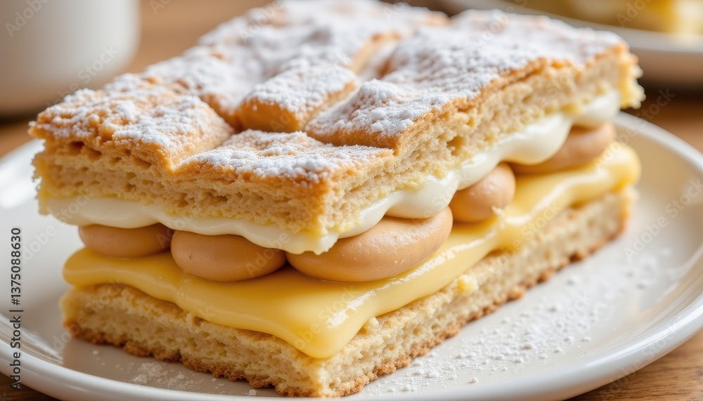 A delicate confection featuring layers of flaky, buttery pastry, interspersed with a rich, smooth custard filling A delicate confection featuring layers of flaky, buttery pastry, interspersed with a rich, smooth custard filling