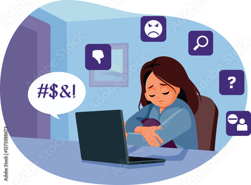 Teen Suffers from Online Cyberbullying Vector Illustration. Unhappy teenage girl receiving hate and harassment on the internet  