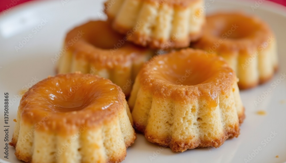 Small, bite sized cakes, baked in a fluted mold, soaked in a rum flavored syrup, and glazed with apricot jam. Small, bite sized cakes, baked in a fluted mold, soaked in a rum flavored syrup, and glazed with apricot jam.