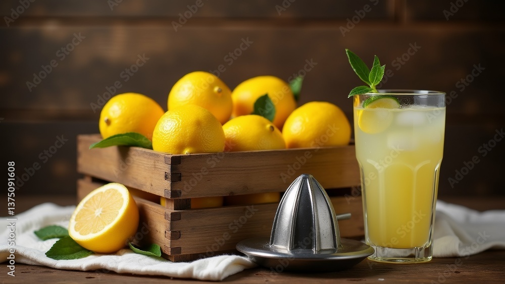Fototapeta premium wooden crate filled lemons wooden table lemons bright yellow appear fresh next crate glass lemonade slice lemon sprig mint rim juicer also visible table white cloth draped over table background