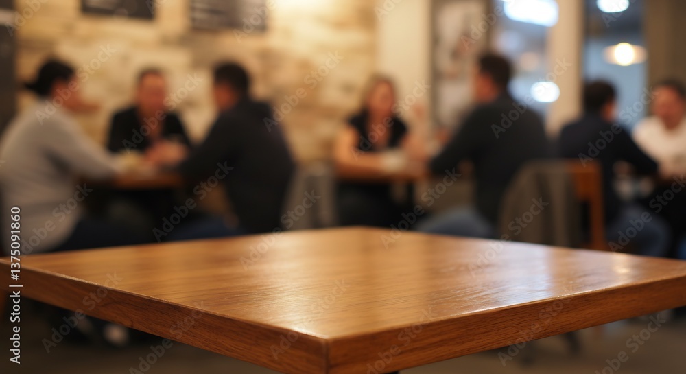 Empty wooden table cafe warm light blurred background. AI Generated Empty wooden table cafe warm light blurred background. AI Generated