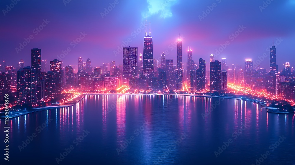 Fototapeta premium Lakefront cityscape of Chicago glowing beautifully high resolution picture