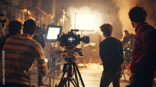 of actors rehearsing on a film set with a cinematographer capturing the scene 