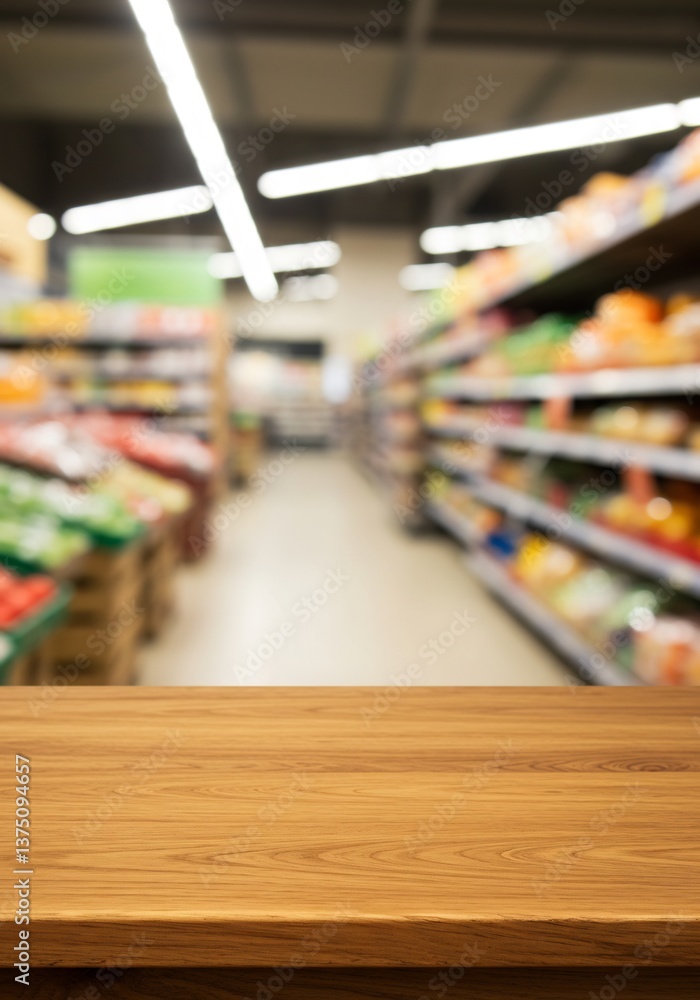 Fototapeta premium Empty wooden table top supermarket background. AI Generated