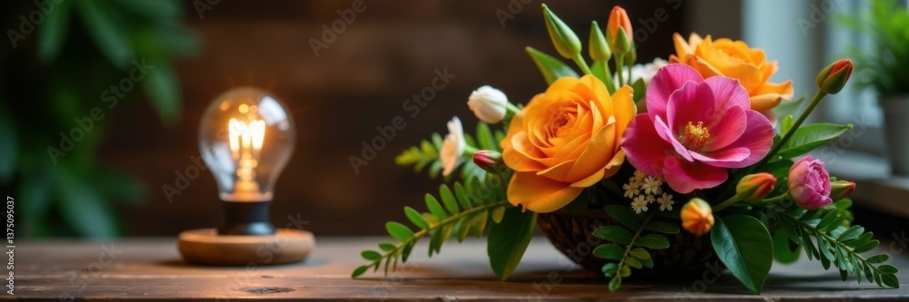 A beautifully arranged spring bouquet sits atop a wooden table with a warm-toned lamp bulb as the centerpiece, creating a inviting ambiance, calming atmosphere, floral arrangement A beautifully arranged spring bouquet sits atop a wooden table with a warm-toned lamp bulb as the centerpiece, creating a inviting ambiance, calming atmosphere, floral arrangement
