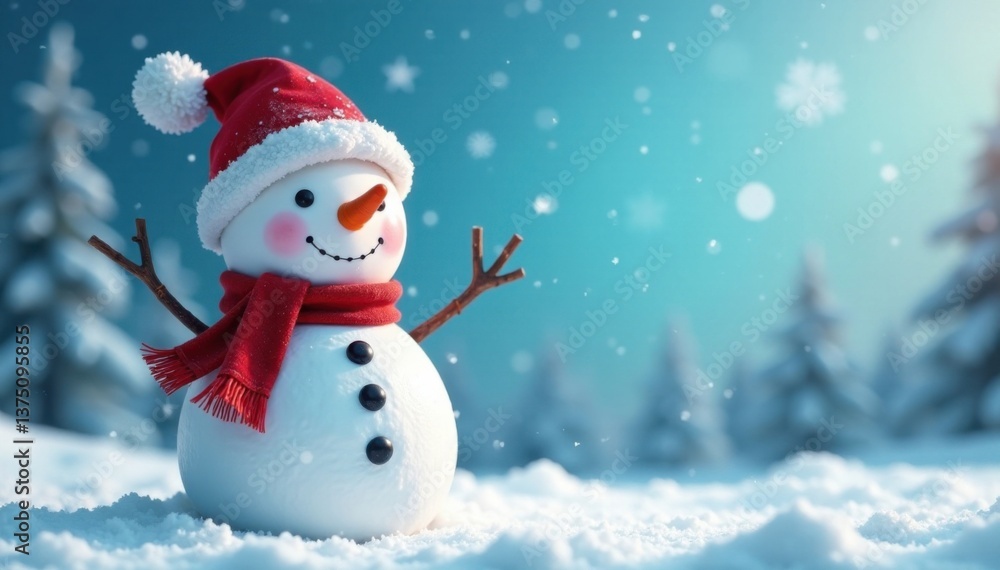 A cheerful snowman standing in a winter wonderland with a clear blue sky and snowflakes gently falling around it , happy snowman, snowflakes A cheerful snowman standing in a winter wonderland with a clear blue sky and snowflakes gently falling around it , happy snowman, snowflakes