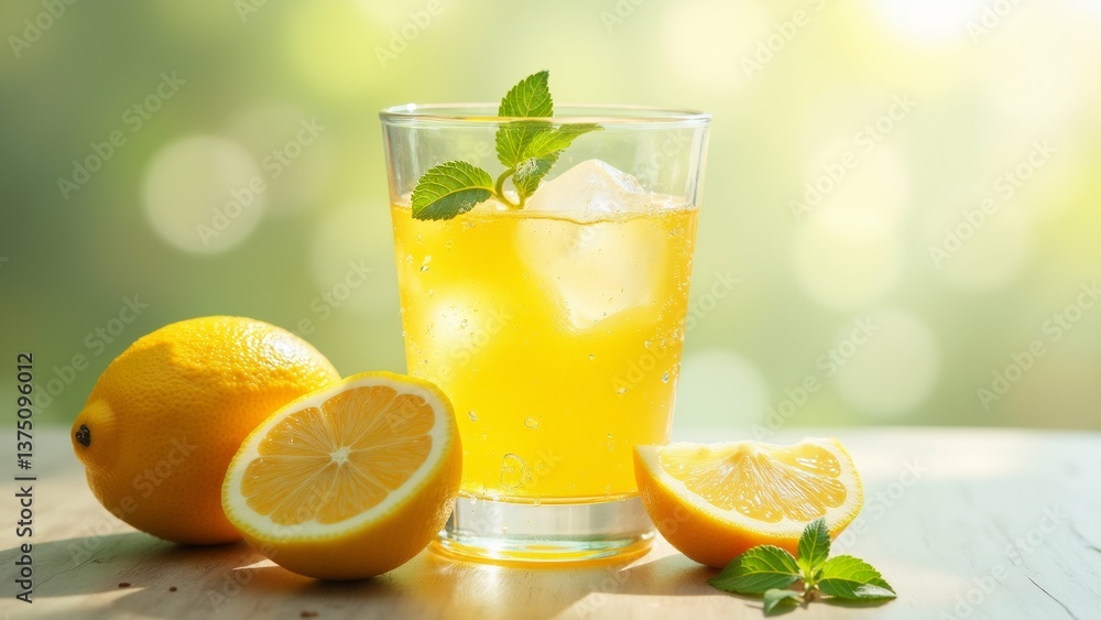 glass orange juice wooden table glass filled ice cubes has sprig mint top two whole lemons table next glass background blurred appears garden outdoor setting greenery overall mood fresh summery glass orange juice wooden table glass filled ice cubes has sprig mint top two whole lemons table next glass background blurred appears garden outdoor setting greenery overall mood fresh summery